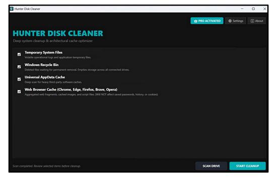 A Hunter Disk Cleaner egy megbízható karbantartó szoftver amely hibátlanul tudja tisztítani a merevlemezt, jelentős tárhelyet fel tud szabadítani. Megkeresi és törli a Windows rendszeren felhalmozódott felesleges ideiglenes fájlokat. A Temp mappák tartalmát, valamint a böngésző előzményeket. Lomtár törlő funkcióval is rendelkezik, így a felhasználóknak nem kell manuálisan törölni.