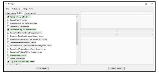 A WinClean több panelos Grafikus indítófelületén a feladat előzményeket lehet törölni, teljesítményt optimalizálhatunk. A Free alkalmazással a szolgáltatásokhoz elérhető beállításokat alapértelmezettre lehet konfigurálni, kikapcsolhatóak, törölhetőek. A fölösleges programok Windows Debloat, PowerShell, szkriptekkel távolíthatóak el. A Rendszer visszaállítási pontok, a log fájlok, illetve a böngészési előzmények, is eltávolíthatóak a karbantartó szoftverrel.